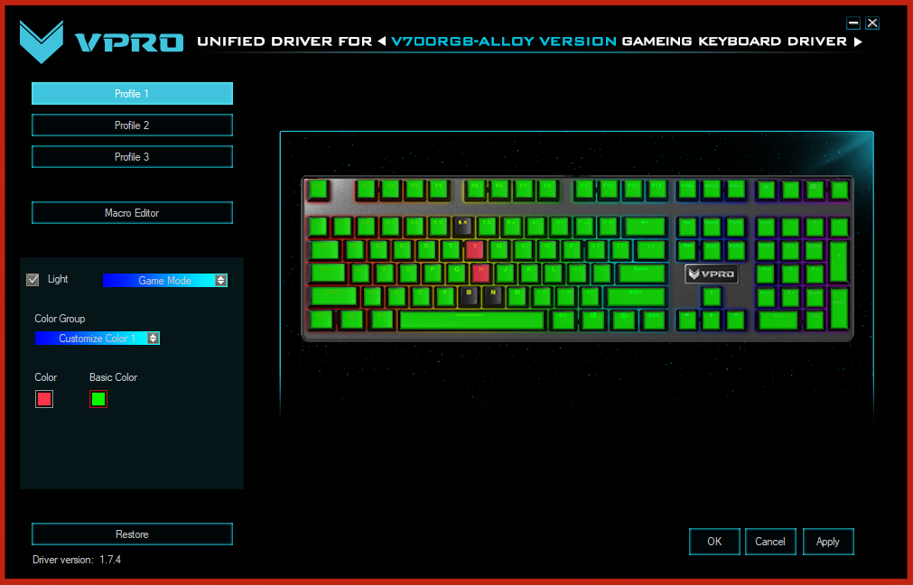 Screenshot of the main window of the configuration software for V700RGB